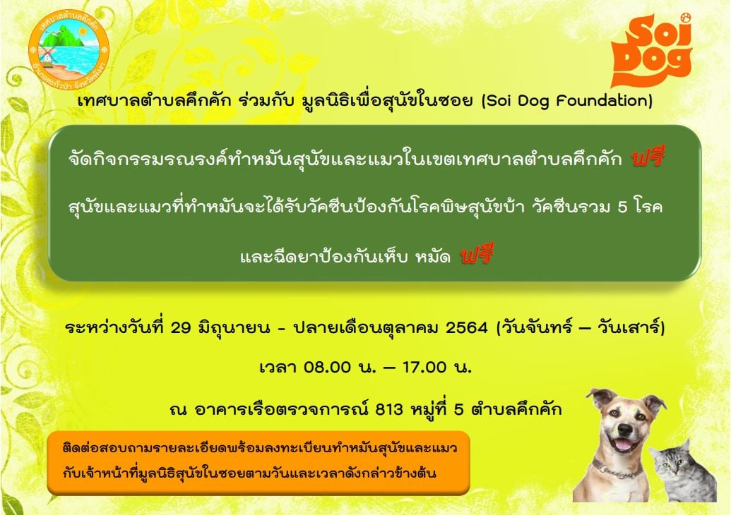 เทศบาลตำบลคึกคัก ร่วมกับ มูลนิธิเพื่อสุนัขในซอย (Soi Dog Foundation) จัดกิจกรรมรณรงค์ทำหมันสุนัขและแมวในเขตเทศบาลตำบลคึกคัก สุนัขและแมวที่มารับบริการทำหมันจะได้รับการฉีดวัคซีนครบ 5 โรค และฉีดยาป้องกันเห็บหมัดจากมูลนิธิเพื่อสุนัขในซอย ฟรีไม่มีค่าใช้จ่าย &#128073;&#128073;&#128073;ในระหว่างวันที่ 29 มิถุนายน ถึงปลายเดือนตุลาคม พ.ศ. 2564