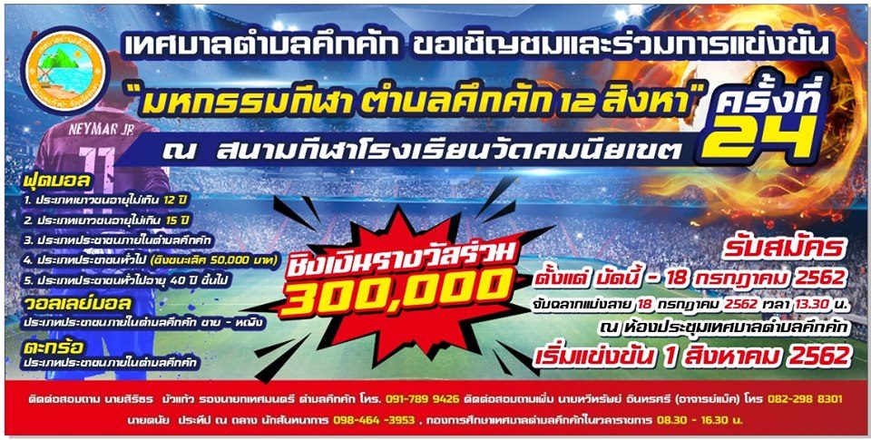 การจับฉลากแบ่งสายฟุตบอล จำนวน 100 ทีม 5 ประเภท “มหกรรมกีฬาตำบลคึกคัก”12 สิงหา ครั้งที่ 24/2562